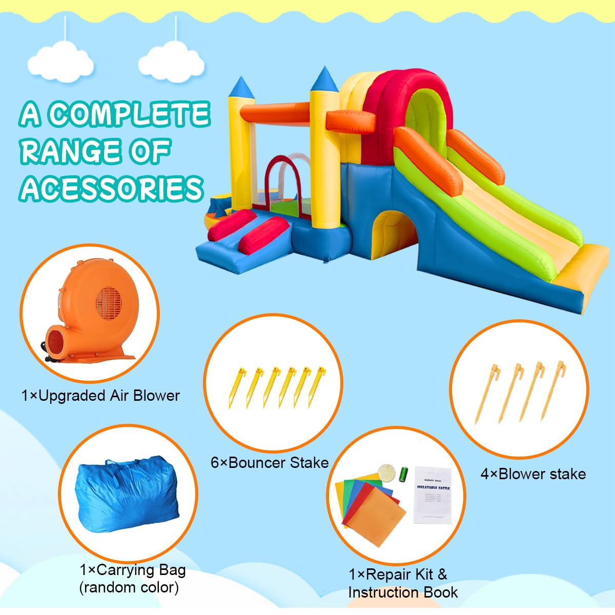 Hongcoral Inflatable Bounce House, 8 in 1 Large Bounce Castle with Blower for Kids and Toddlers, Outdoor Indoor Backyard Inflatable Bouncers with Two Slides