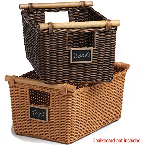 The Basket Lady Pole Handle Wicker Storage Basket, Small, 14 in L x 10 in W x 7.5 in H, Antique Walnut Brown