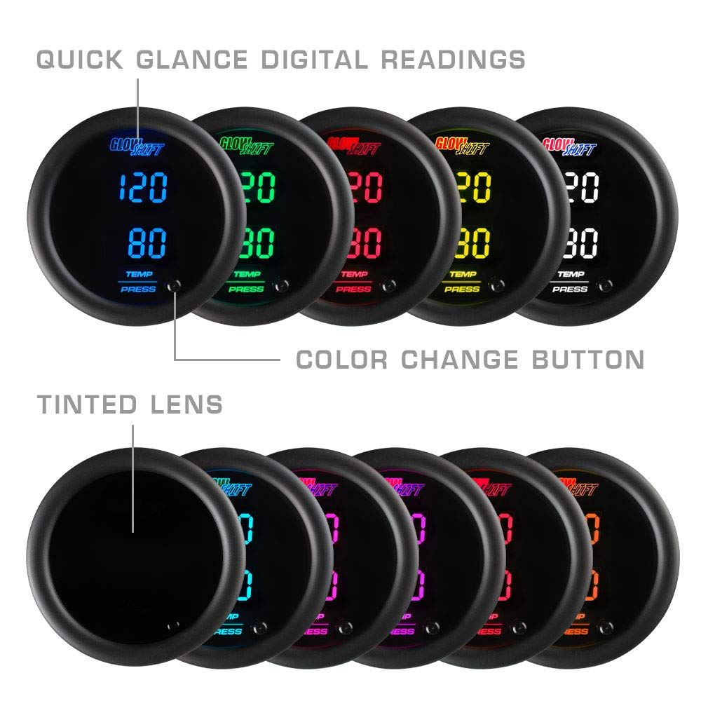GlowShift 10 Color Digital Dual Temperature & Pressure Gauge Kit - for Boost, Oil Pressure, Water & Transmission Temp - Includes Electronic Sensors - 2 Multi-Color LED Displays - Tinted Lens - 52mm