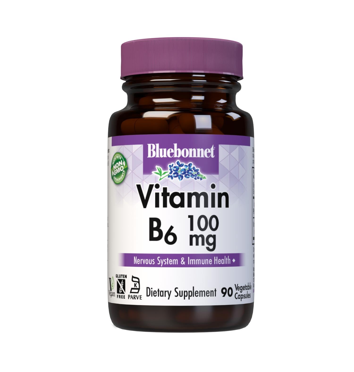 BlueBonnet Nutrition Vitamin B6 Vegetable Capsules, 100 mg, for Cardiovascular and Nervous System Health, 90 Count