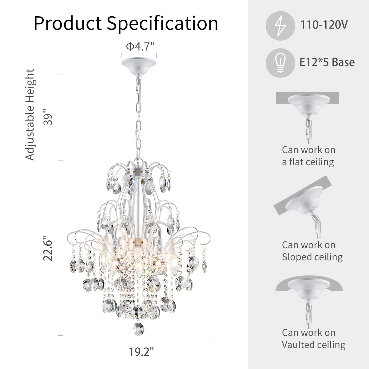 WUZUPS Crystal Chandelier 5-Light Pendant Ceiling Light Modern Lighting Fixture for Bedroom Hallway Bar Kitchen Bathroom, H 22.6'' x W 19.2'', E12 Base, White