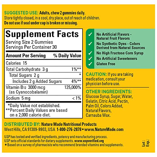 Nature Made Extra Strength Vitamin B12 Gummies, 3000 mcg per serving, B12 Vitamin Supplement for Energy Metabolism Support, 60 Gummy Vitamins, 30 Day Supply