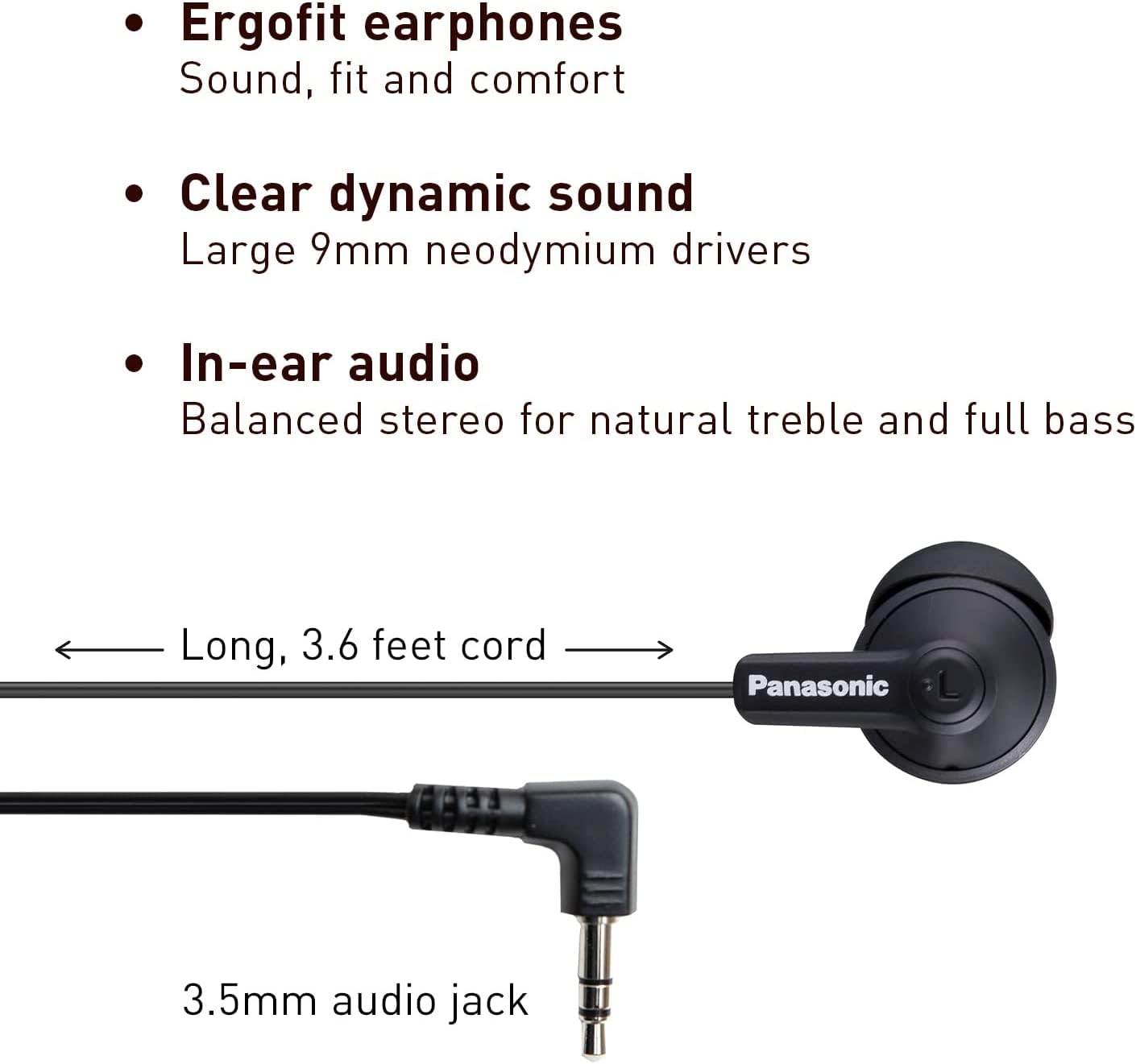 Panasonic ErgoFit Wired Earbuds, In-Ear Headphones with Dynamic Crystal-Clear Sound and Ergonomic Custom-Fit Earpieces (S/M/L), 3.5mm Jack for Phones and Laptops, No Mic - RP-HJE120-KA (Matte Black)