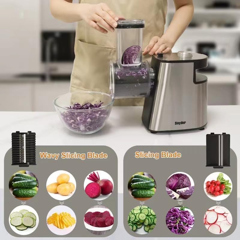 Electric Cheese Grater Upgraded, Salad Maker Machine with 6 Different Shapes of Blades.400W Cheese Shredder,Electric Slicer,Electric Salad Machine for Cheeses, Fruits, Vegetables