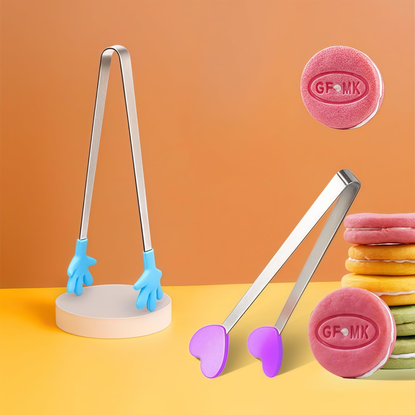 JXHAPY 8PCS Mini Food Tongs, Small Stainless Steel Tongs with Silicone Tips, for Ice Cube, fruits, Sugar, Barbecue, 5.3 inch，8 Colors (Heart shape)