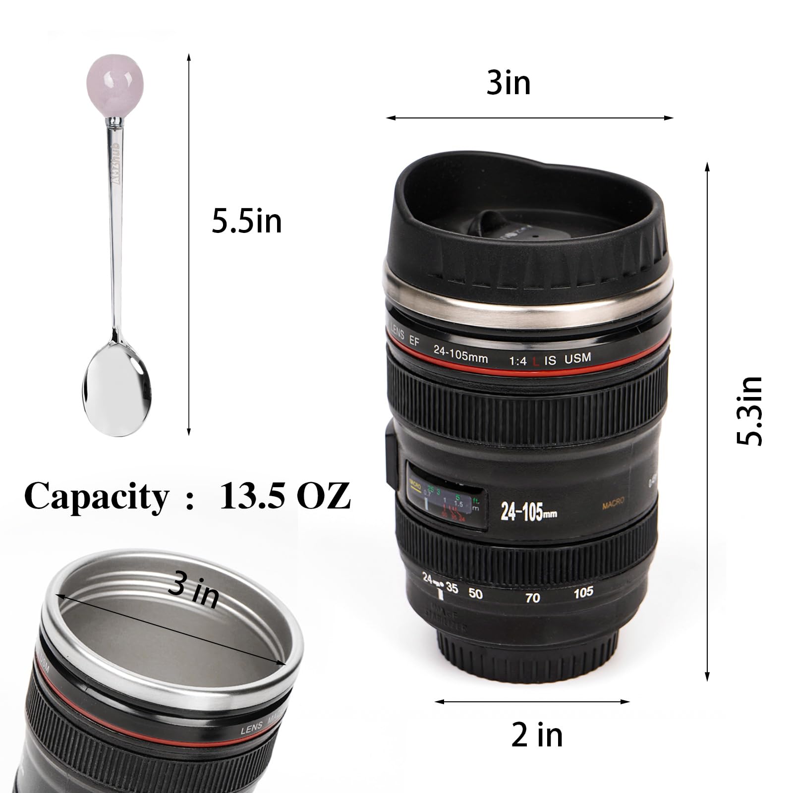 AMZHUB Camera Lens Coffee Mug,Travel Coffee Cup,Stainless Steel Lens Mug Thermos Camera Lens Mug with Lid and Spoon,Cool Gifts for Photographers Men and Women (Purple Spoon)