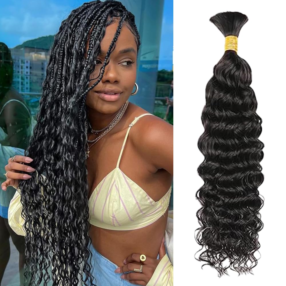 Human Braiding Hair 50g 28 Inch Deep Wave Bulk Human Hair for Braiding No Weft Bundle 12A Brazilian Virgin Curly Human Hair Extensions for Boho Braids Wet and Wavy Human Hair Braiding Hair