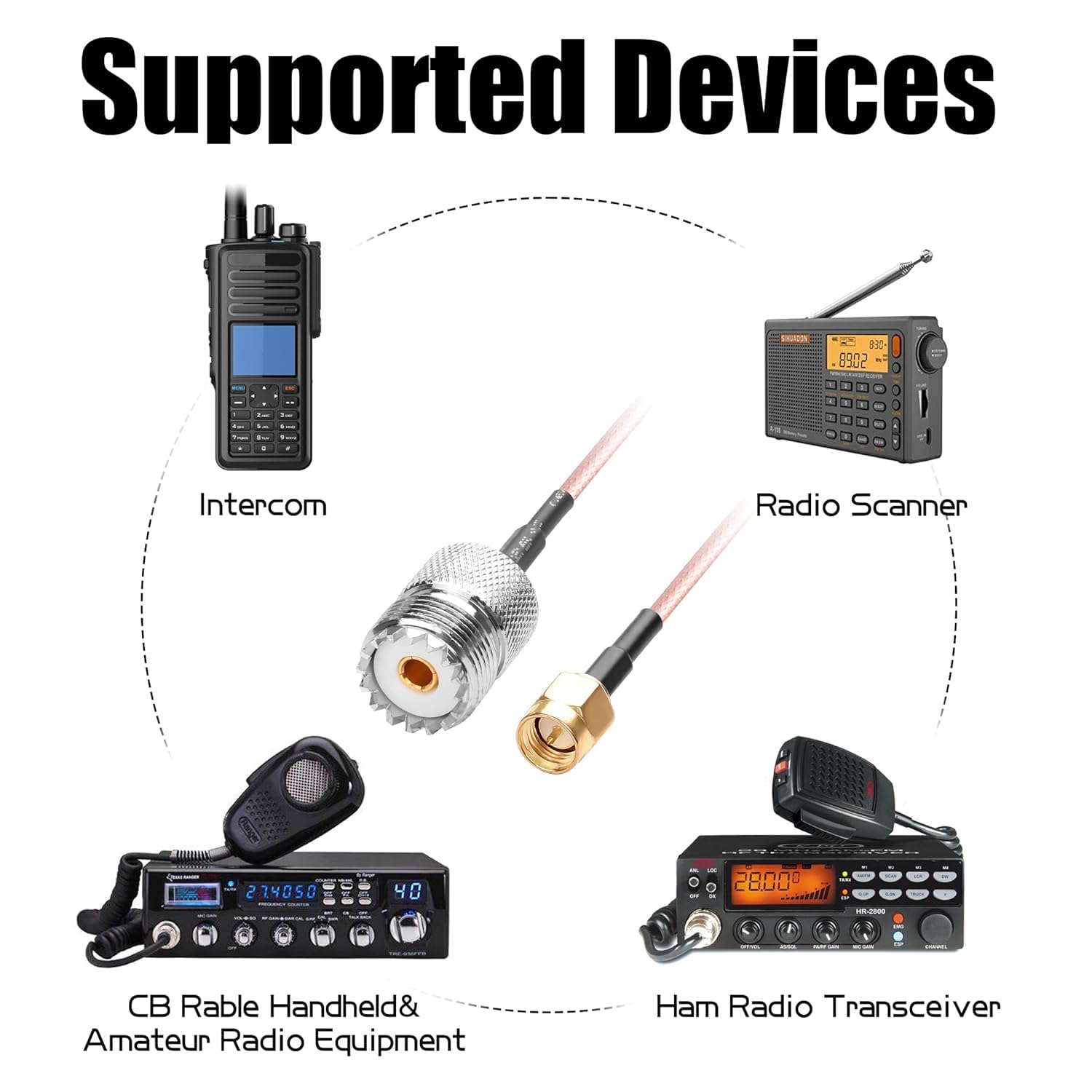 DHT Electronics Handheld Antenna Cable SMA male to UHF SO-239 Female Connectors 6'' Pack of 2
