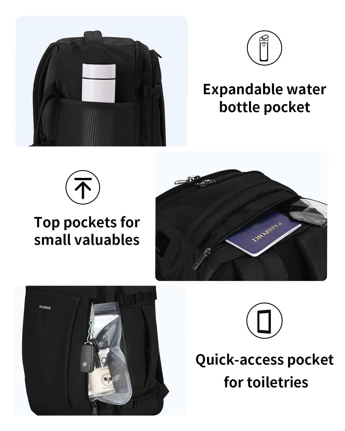 ECOHUB 17'' Travel Backpack, Personal Item Backpack with 13 Pockets, Flight Approved Carry on Backpack with USB Port & Luggage Sleeve, Travel bag for Men & Women, Water Resistant Backpack, Black