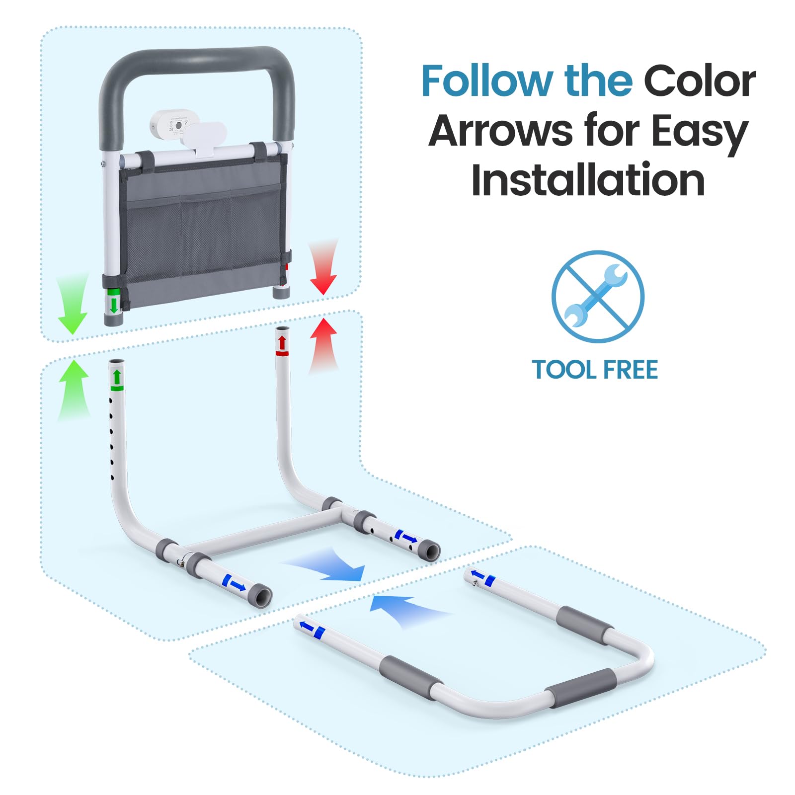 ADERI Adjustable Bed Rails for Elderly Adults with Night Light & Bag, Bed Assist Rail with Double Crossbar, Bed Railings Protects Seniors from Falling