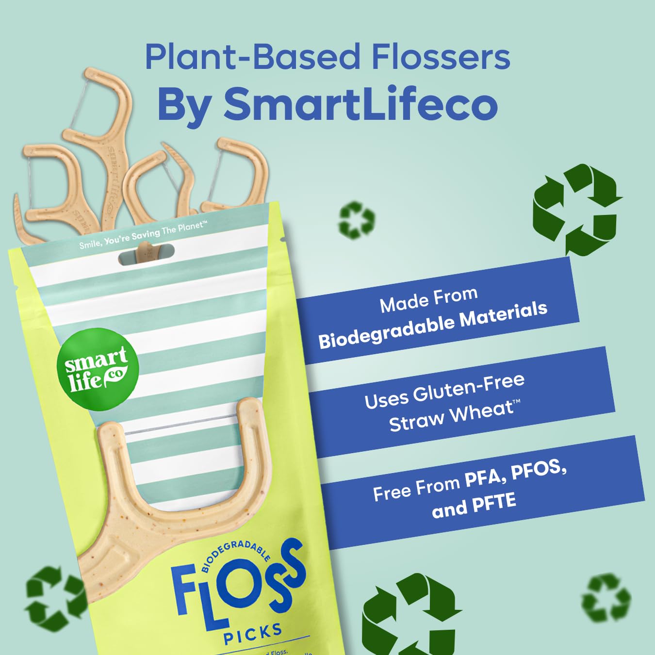 SMARTLIFECO Biodegradable Dental Floss Picks - Plant Based Handle, Thin Thread Tooth Flossers for Adults & Kids, Eco Friendly Toothpick Soft on Gum & Teeth, Compostable Zero Waste Vegan, 100 Mint