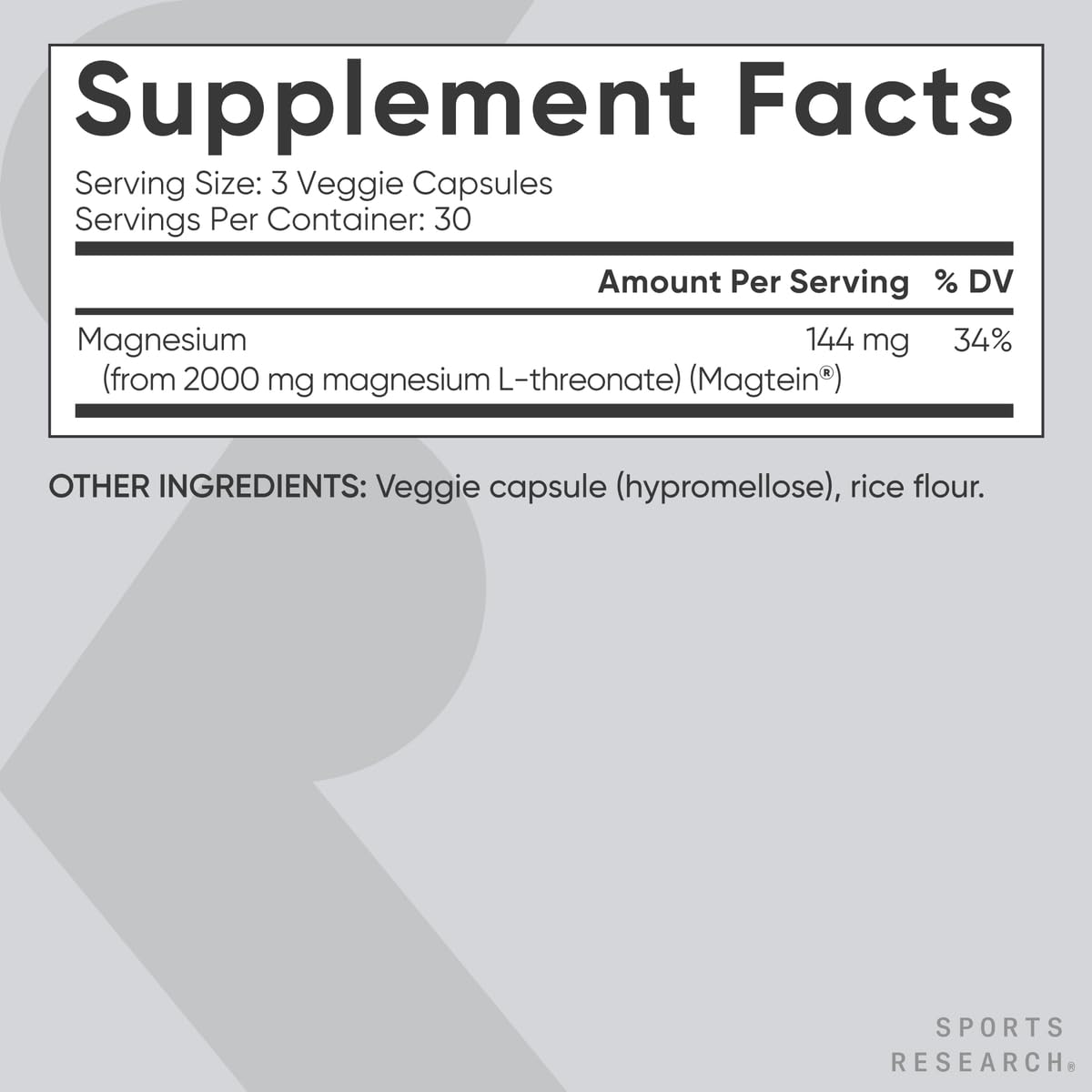 Sports Research Magtein Magnesium L-Threonate Capsules - Magnesium Supplement for Memory, Focus & Cognition - Magnesium L Threonate Supports Brain Health, Sleep & Mood - 2000mg, 90 Capsules for Adults