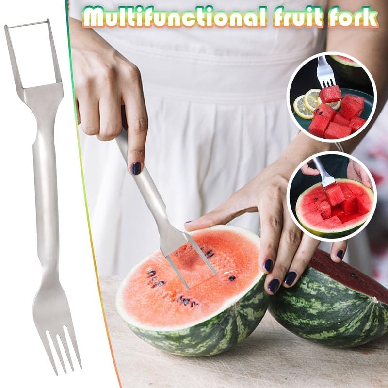 2-in-1 Stainless Steel Fruit Cutter, 2024 New Watermelon Fork Slicer Cutter Slicer Tool, Dual Head Fruit Forks Slicer Knife for Home Kitchen Gadget (1 Pcs)