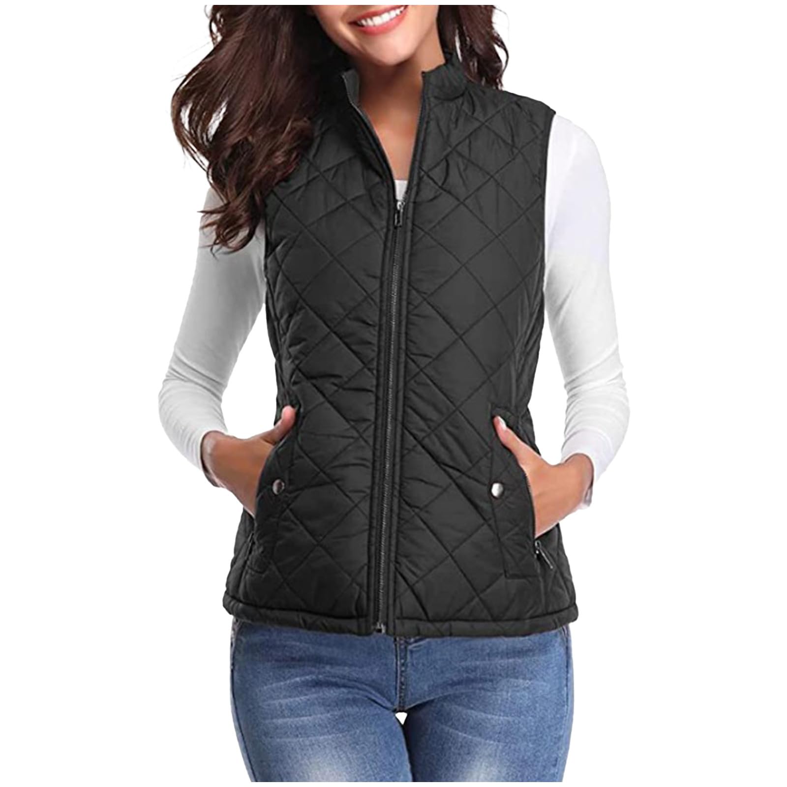 Women's Fall Winter Vest Zip Up Quilted Jackets Sleeveless Winter Coats Stand Collar Athletic Vest for Hiking Running, Winter Jacket Women, Winter Outwear for Women Black