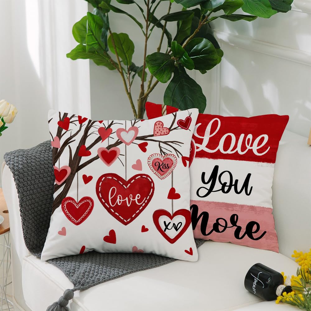 GEEORY Valentine's Day Throw Pillow Covers 18x18 Inch Set of 4, Valentines Red Hearts Love You More Decorative Farmhouse Holiday Cushion Case for Home Decoration G443-18