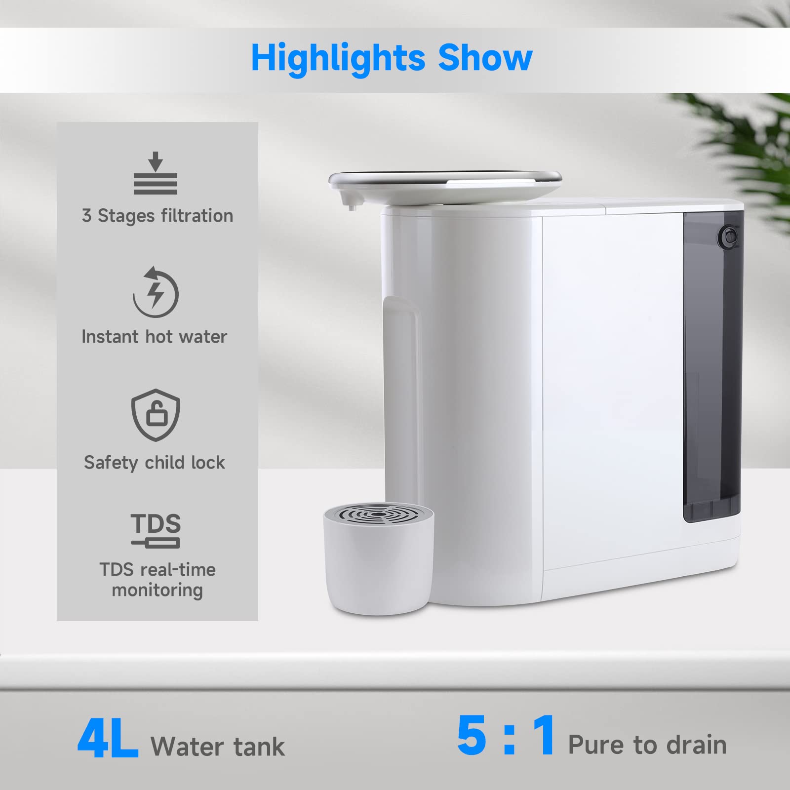 RO Water Filtration System with Instant Hot Water Dispenser, Large Tank, Adjustable Temperatures, Efficient Drainage, and High-Temperature Safety Lock, White