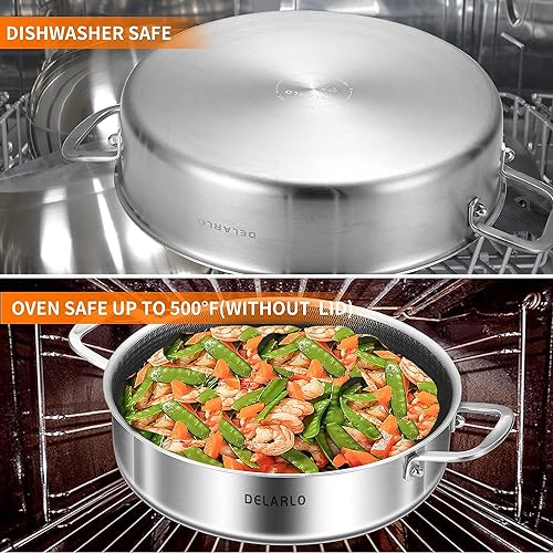 DELARLO Tri-Ply Stainless Steel 10 Inch Deep Frying Pan 3QT Saute Pan With Lid, Induction Compatible Chef Cooking Pan with lid, Dishwasher & Oven Safe