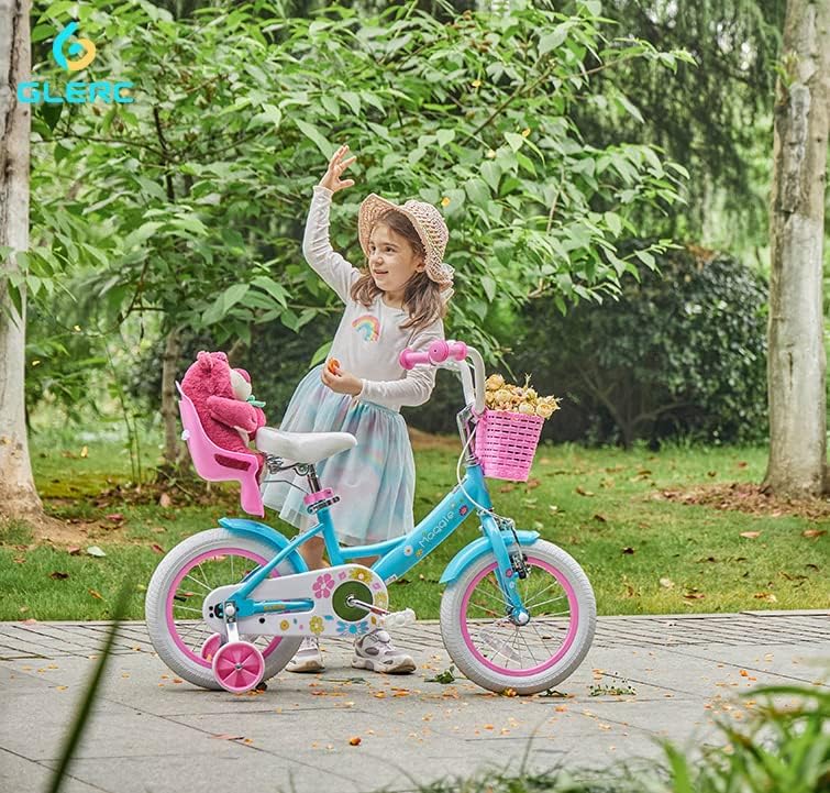 Glerc Maggie 12 Inch Girls Bike Ages 1 2 3 4 Years Old Kids Bicycle Princess Style with Doll-Seat & Basket & Training Wheels & Bell for Birthday, Blue