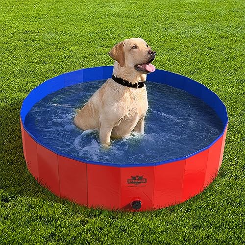 Portable Dog Pool for Large Dogs - Foldable Plastic Bathing Tub with Drain and Carrying Bag for Pets and Backyard Play with Kids by PETMAKER (Blue)