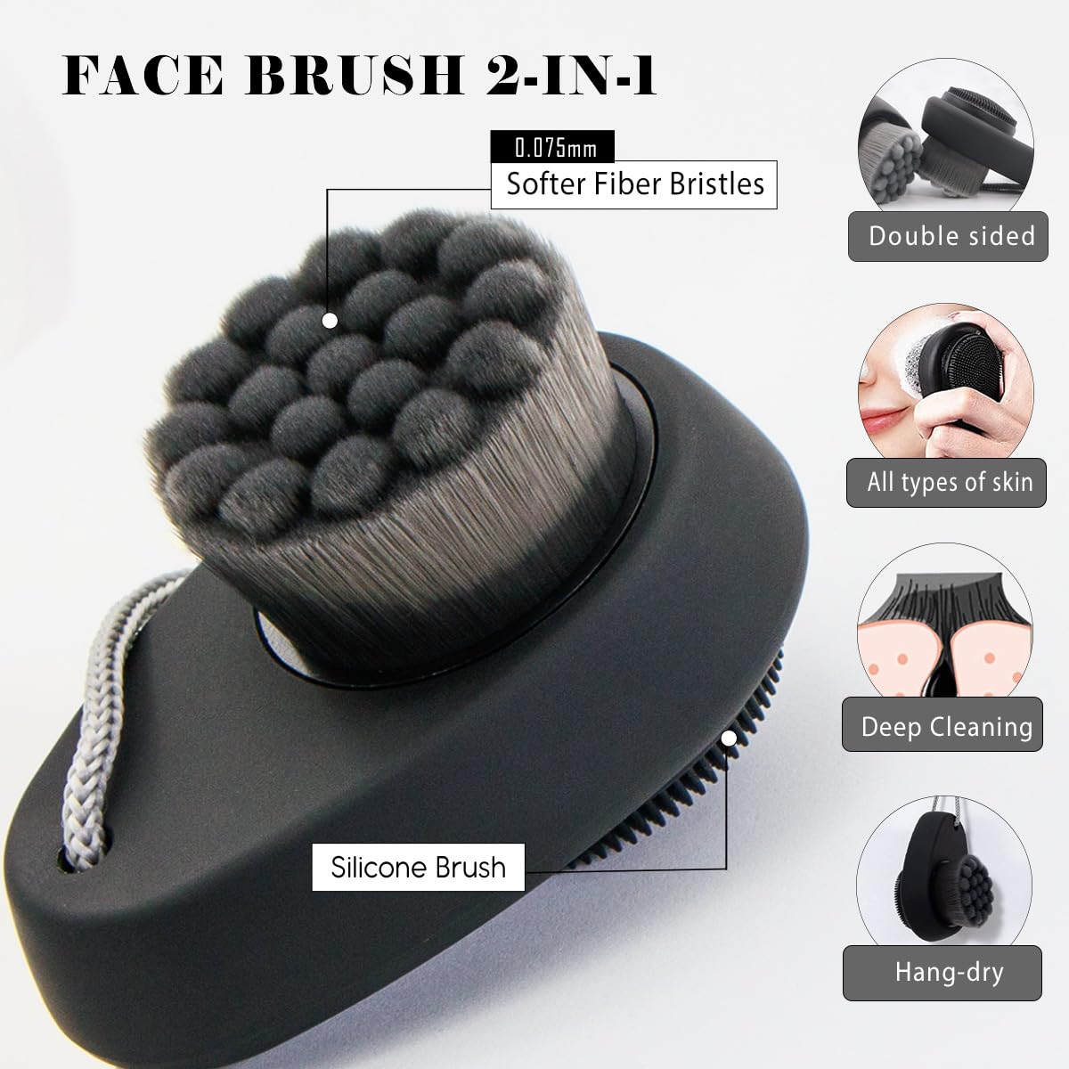 2 Pack Facial Cleansing Brushes, Face Brush with 2-in-1 for Deep Pore Cleansing and Exfoliation, Silicone Scrubber & Soft Bristle Sides (Black & Black)