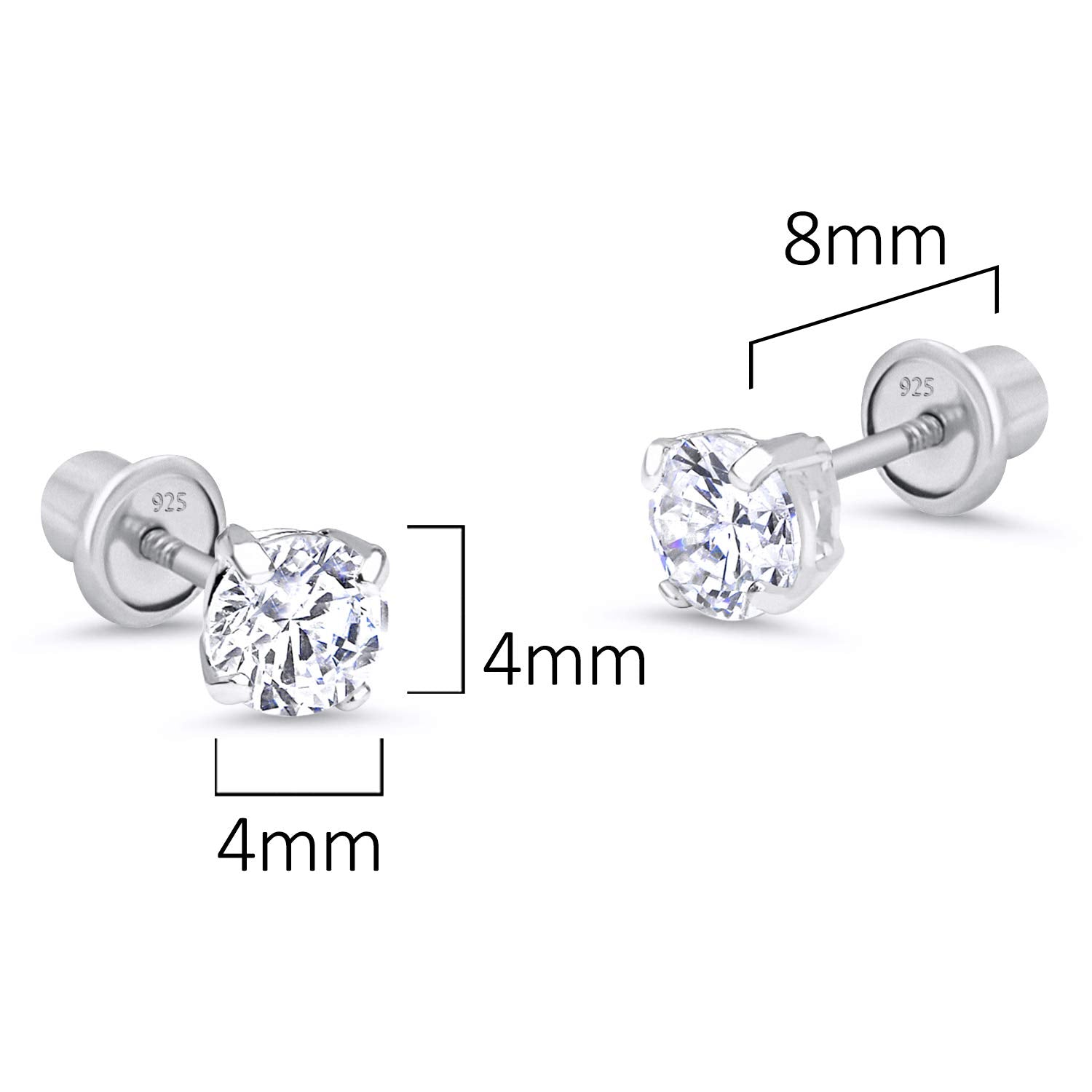 925 Sterling Silver Rhodium Plated 4mm Cubic Zirconia Stud Screwback Baby Girls Earrings