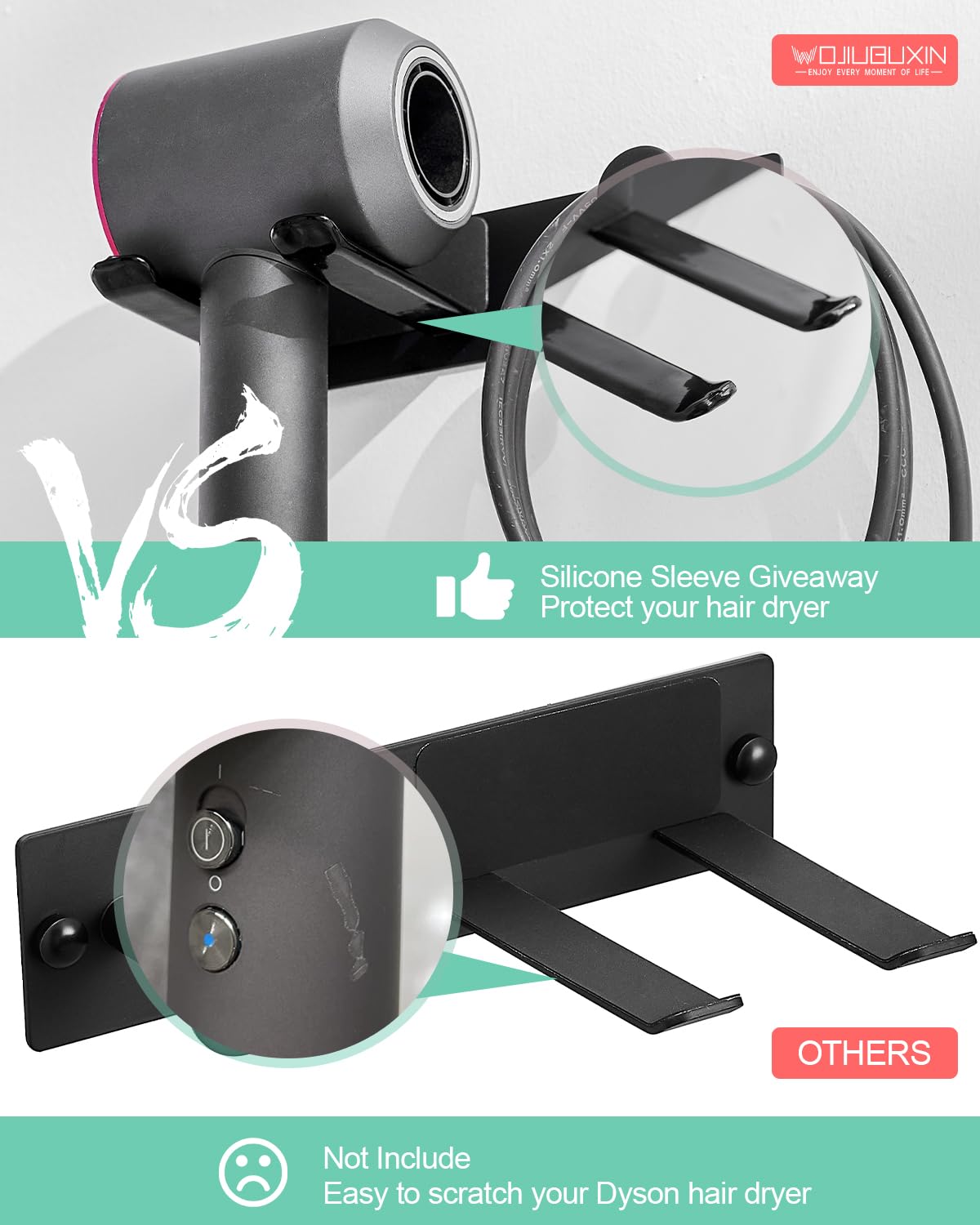 WOJIUBUXIN Hair Dryer Holder Wall Mount Matte Black Hair Dryer Holder for Bathroom Cabinet SUS 304 Stainless Steel Blow Dryer Holder Compatible with Dyson Hair Dryers