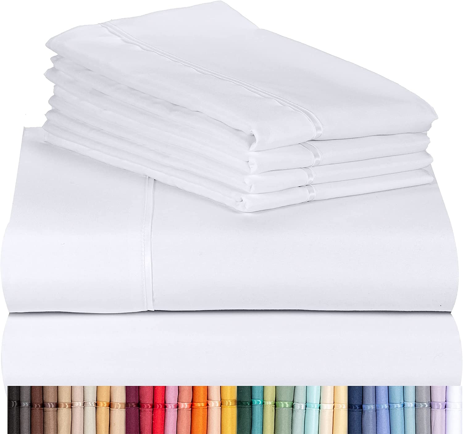 LuxClub 6 PC King Size Sheet Set Bed Sheets Deep Pockets 18" Wrinkle Free Cooling Bed Sheets Machine Washable Hotel Bedding Silky Soft - Snow White King