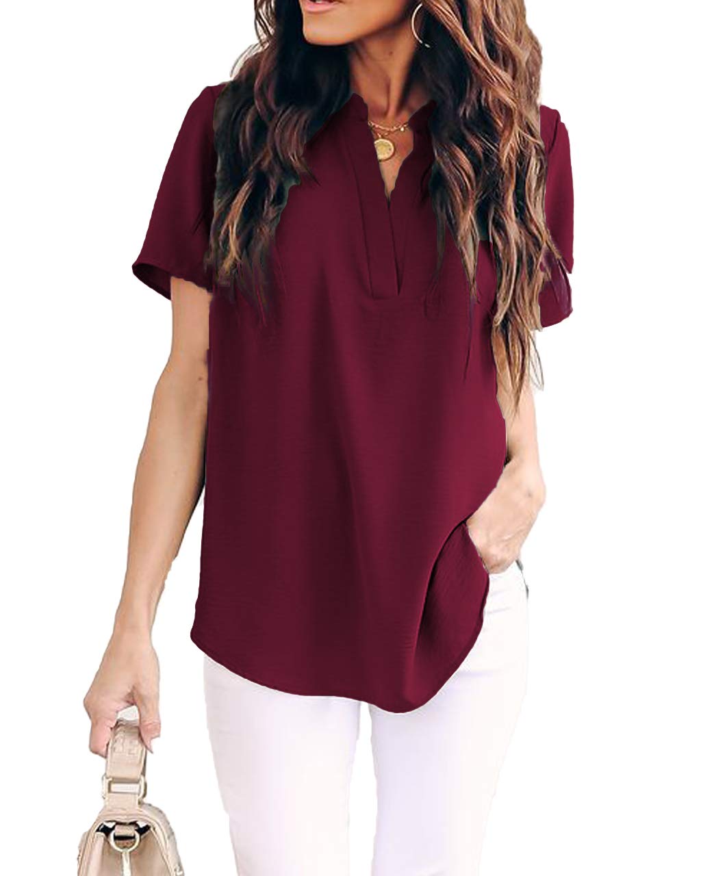 Allimy Women Summer Clothes Shirt V Neck Short Sleeve Tops Fashion 2025 Blouses Wine Large