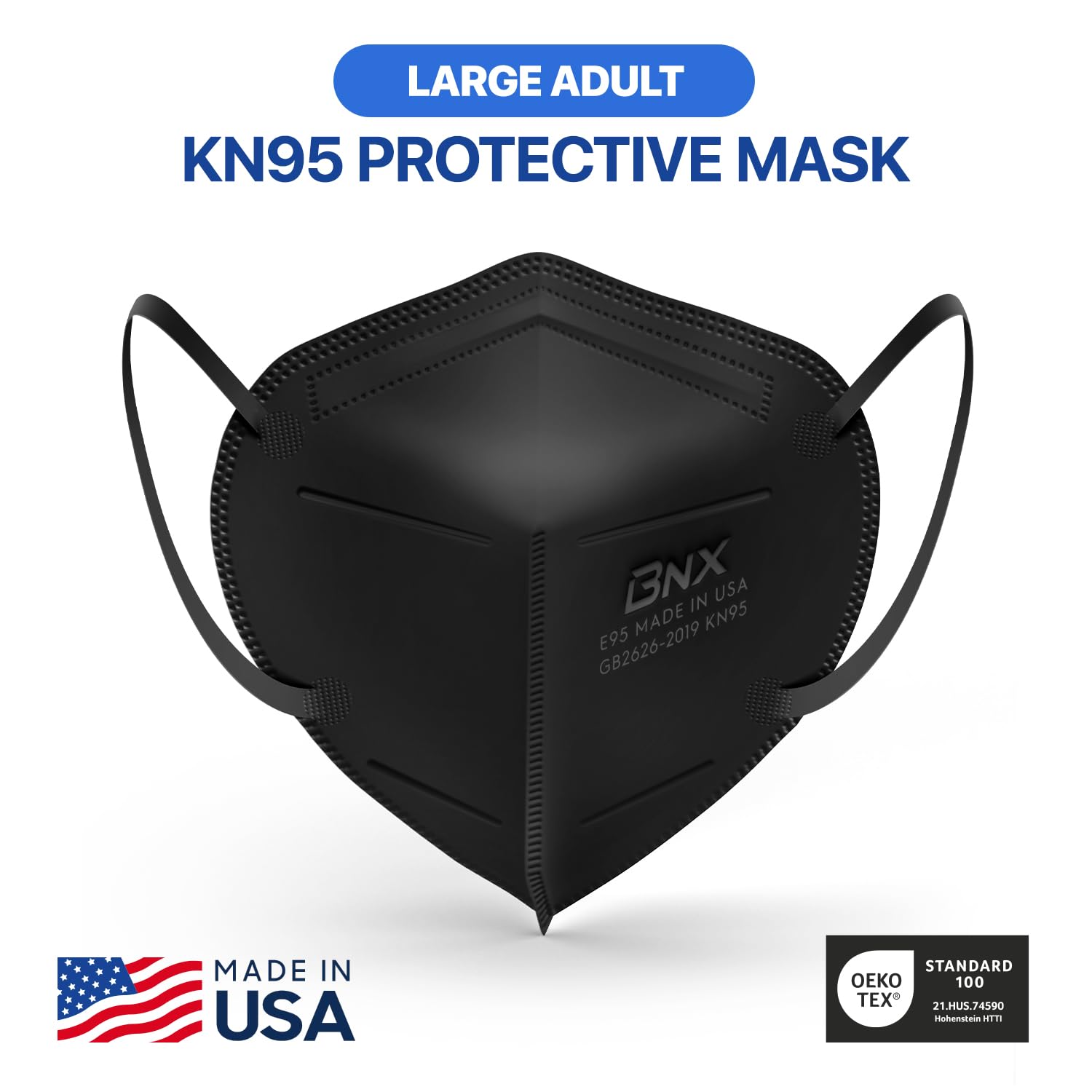 BNX KN95 Face Mask Made in USA (20-Pack), FDA Registered KN95 Mask Disposable Particulate Protective Mask, GB2626-2019, Protection Against Dust, Pollen and Haze (Earloop) (Model: E95) Black
