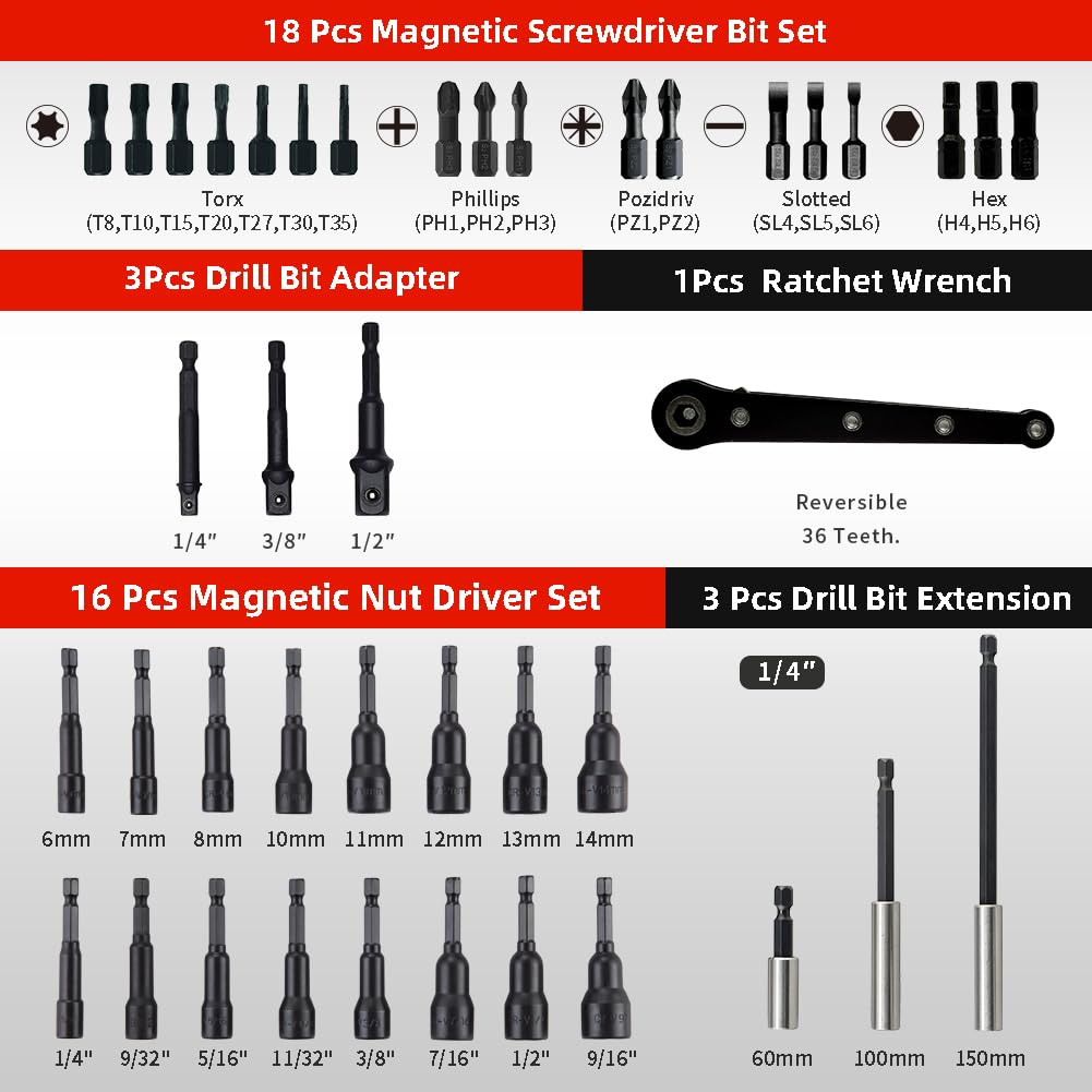 AKMTOOL 41Pcs Magnetic Nut Driver Set, 1/4" Quick-Change Hex Shank | SAE & Metric | Cr-V Steel, Magnetic Screwdriver Bit Set W/Drill Bit Extension & Drill Bit Adapter, Ratchet Wrench