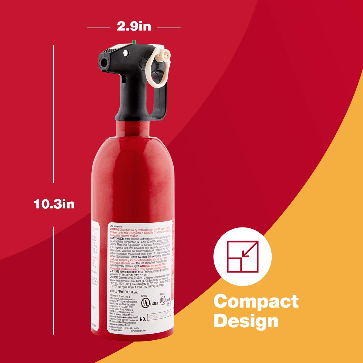 FIRST ALERT AUTO5 Car Fire Extinguisher, FESA5, UL RATED 5-B:C, Red, 1-Pack