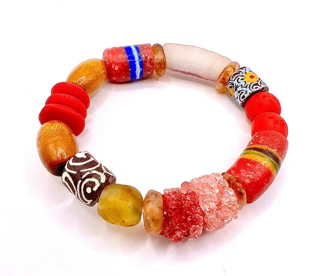 Glass Adornments Ghanaian Recycled Handmade Powder Glass Trade Bead Bracelet (M, Red)