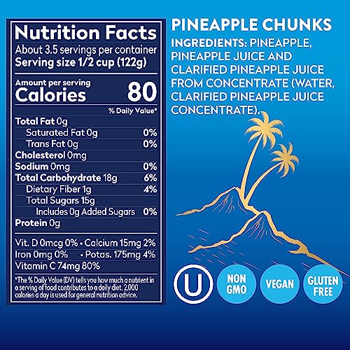 Dole Canned Fruit, Tropical Gold Pineapple Chunks in 100% Pineapple Juice, Gluten Free, Pantry Staples, No Sugar Added, 15.25 Oz, 12 Count