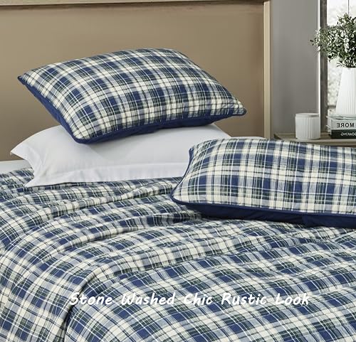 Chezmoi Collection Chad 2-Piece Printed Plaid Cotton Quilt Set Twin Size - Blue Green Light Beige Plaid - Stone Washed Cotton Breathable Lightweight Bedspread Set