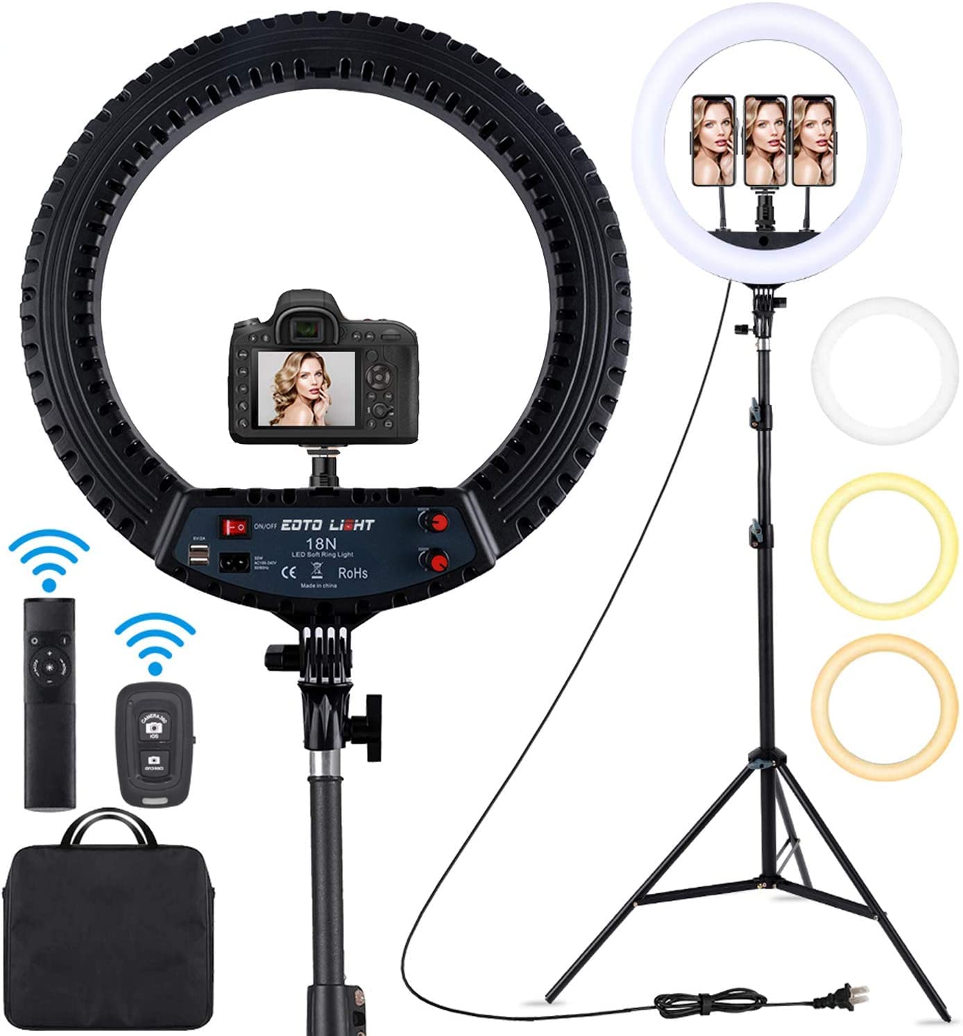 18 inch LED Ring Light with Tripod Stand Dimmable Makeup Selfie Ring light for Studio Portrait YouTube Vlog Video Shooting with Carrying Bag and Remote Controller, CRI 90