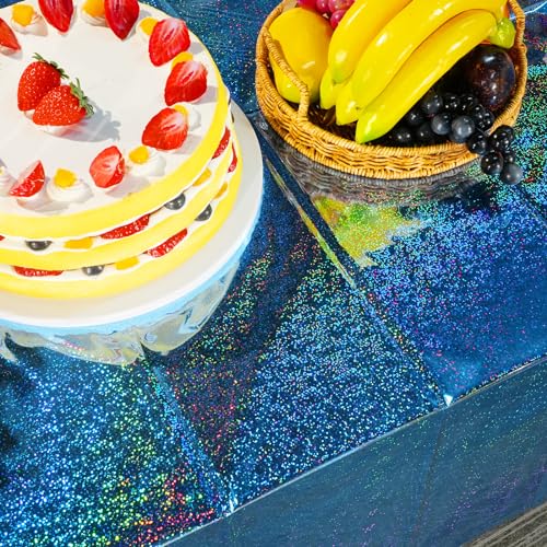 3 Pack Iridescent Blue Plastic Tablecloth, FunnyPars Shiny Disposable Laser Rectangle Table Cover, Holographic Foil Tablecloth Iridescent Party Decorations for Birthday Wedding Ocean Theme, 54x108Inch