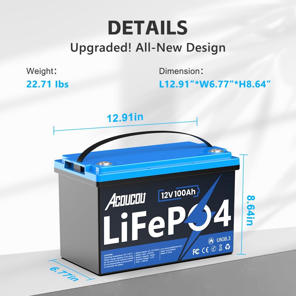 Acoucou 12V 100Ah Bluetooth LiFePO4 Battery, Group 31 Deep Cycle Battery with 100A BMS and 1280Wh Max to 15000 Cycles, Low-Temp Protection&10 Year Lifespan Perfect for RV,Solar System,Trolling Motors