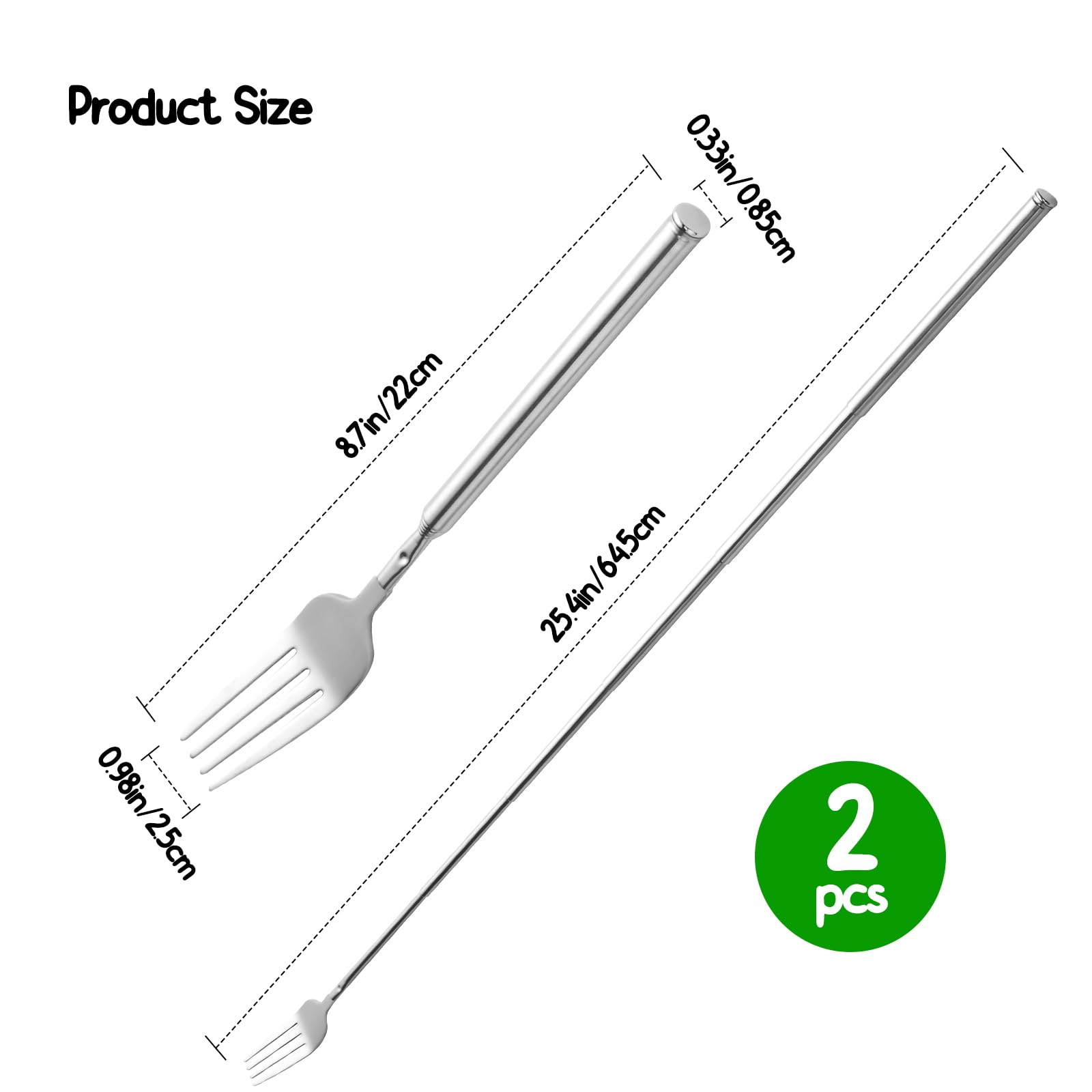 【3 PCS】Extendable Fork for Jokes, Expandable Forks, Extended/Extending/Extend, Extension from 8.7" to 25.4" Long, Stainless Steel Telescopic/Telescoping/Retractable Dinner Fork. Silver
