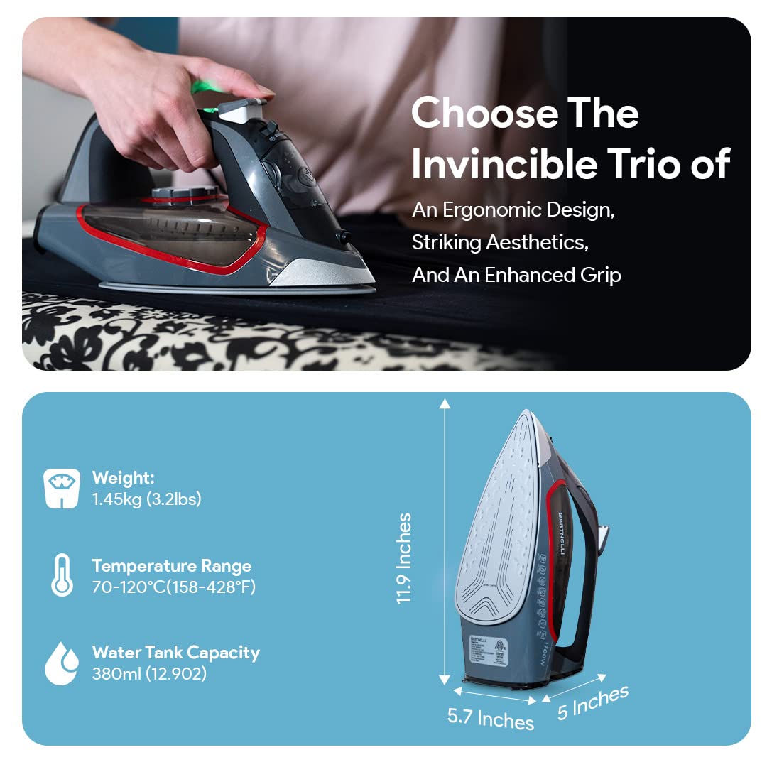 Bartnelli Pro Luxury Steam Iron for Clothes | New Powerful Steam Technology | Non-Stick Ceramic Soleplate, 1700 Watts with 3-Way Auto Shut Off, Premium Built Quality & Durability