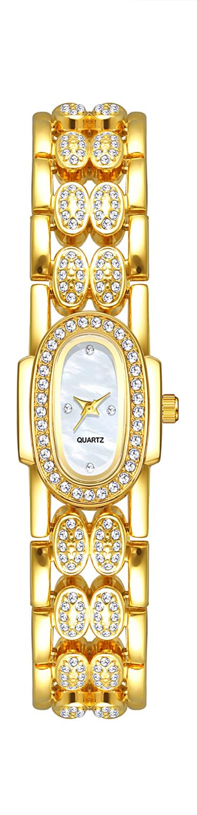 BESTKANG Dainty Watches for Women Vintage Rhinestone Bracelet Wrist Watch Luxury Small Ladies Oval Quartz Watch (Gold White)