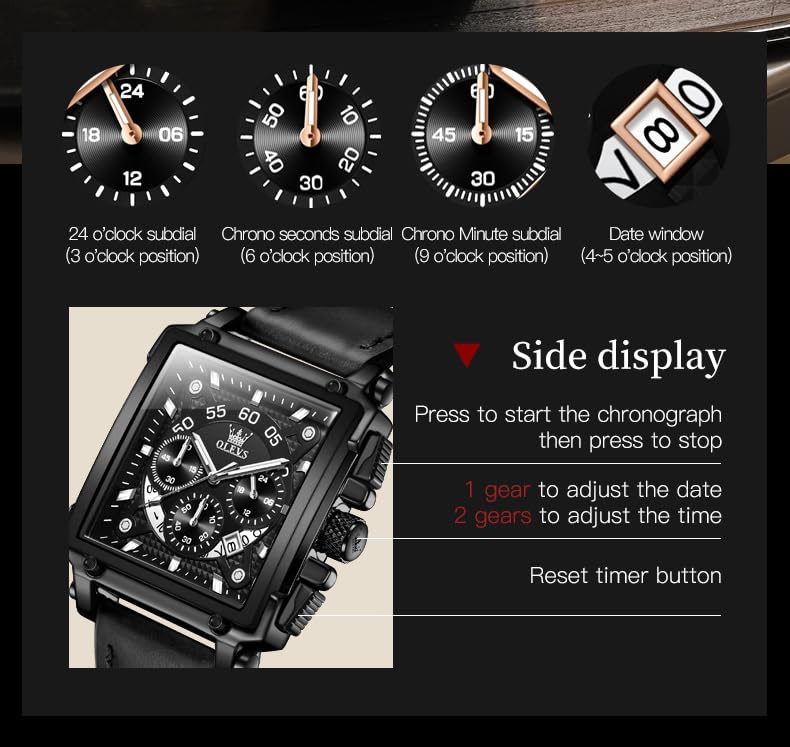 OLEVS Men Square Watch Black Leather Multifunctional Luxury Fashion Men Watch Analog Quartz Waterproof Luminous Casual Watch for Men