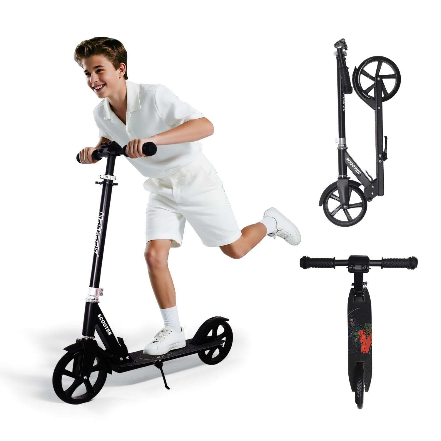 Nattork Scooter for Kids 8-12, Teens and Adults- Adjustable Height Folding Kick Scooter with Large Sturdy Wheels for a Smooth Ride, Lightweight, Anti-Shock Suspension for Boys and Girls-Black