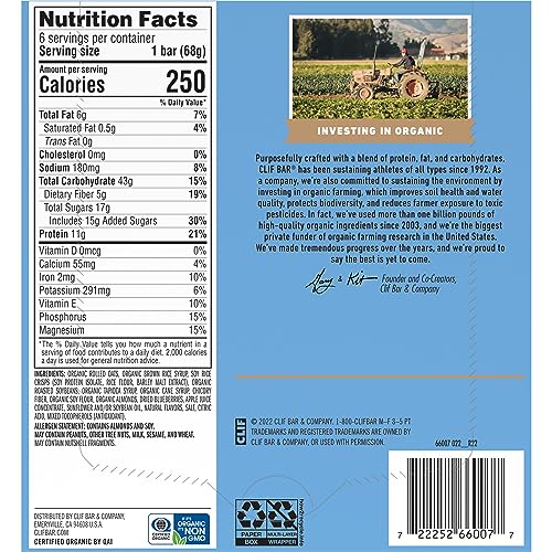 CLIF BAR - Blueberry Almond Crisp - Made with Organic Oats - 11g Protein - Non-GMO - Plant Based - Energy Bars - 2.4 oz. (6 Pack)