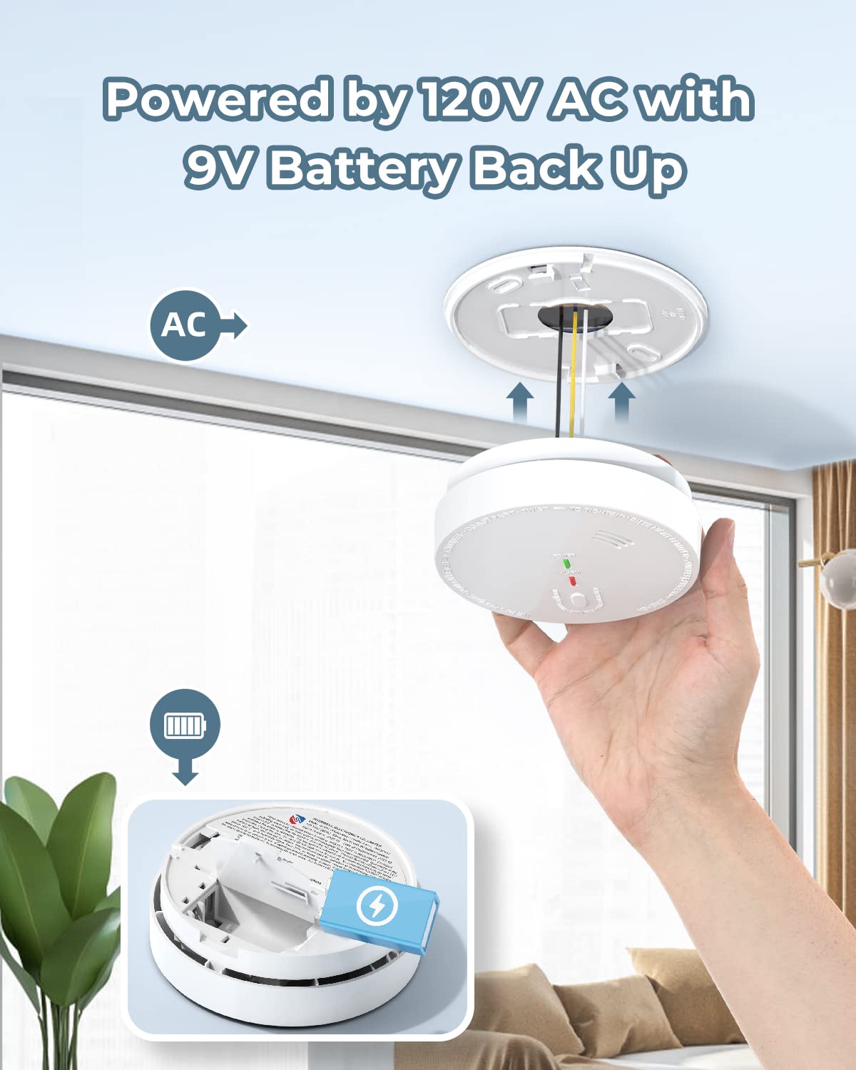 SITERWELL Smoke Detector, Hardwired Photoelectric Smoke Alarm with DC 9V Backup Battery & Interconnected, Fire Alarm with Silence Button, GS517, 6 Packs