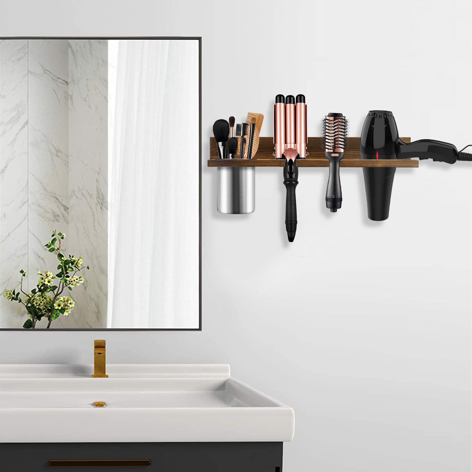 seashpea Hair Tool Organizer Wall Mounted - Wooden Dryer Holder, Blow Dryer Holder for Bathroom, Rustic Styling Tools Organizer for Flat Iron, Curling Wand, Hair Straighteners, Brushes, Brown
