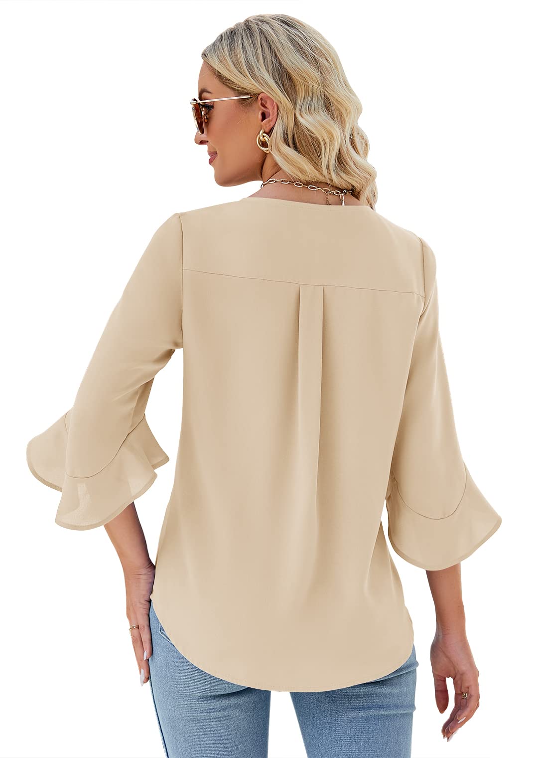 Qirno Womens Ruffle 3/4 Sleeve V Neck Chiffon Blouses Dressy Casual Loose Fit Business Tunic Tops Apricot S