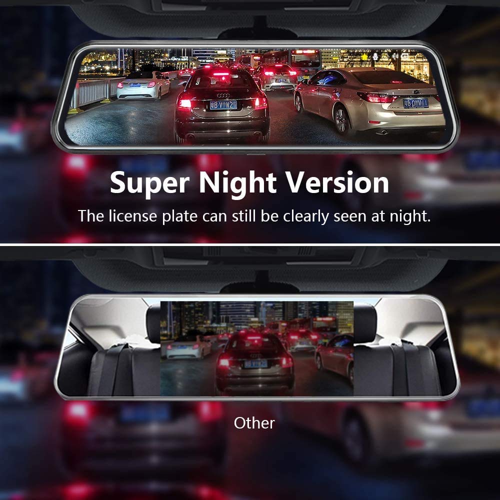 10'' Mirror Dash Cam Night Vision 1080P FHD Full Touch Screen Front and Rear View Backup Camera for Cars Loop Recording Streaming Media 170°Wide Angle Parking Assistance with 10 Meters Cable