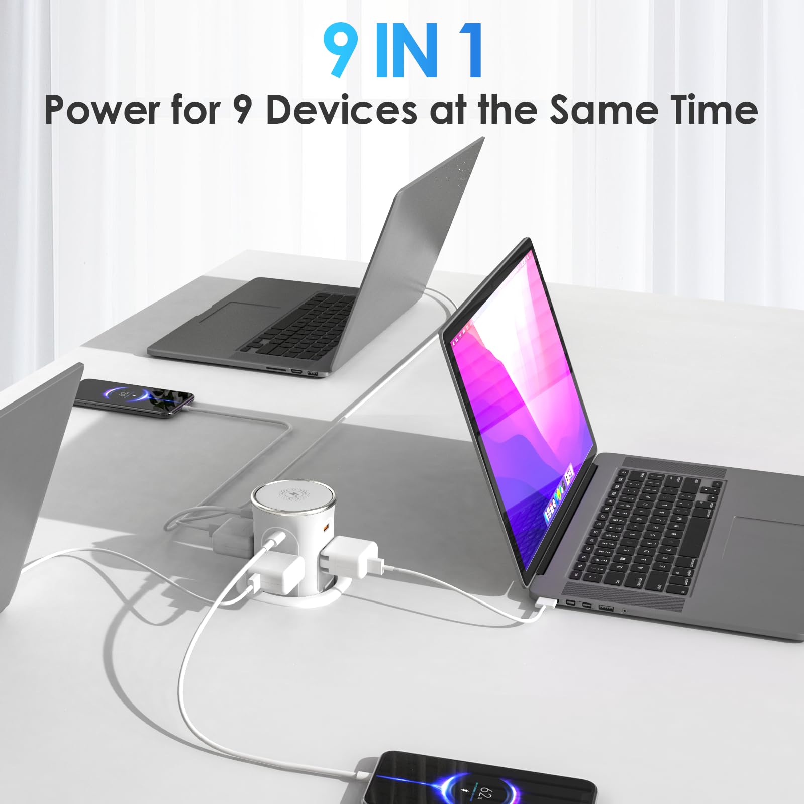 3.15in Pop Up Countertop Outlet with 15W Wireless Charger, Max 20W USB Power Delivery 15A Tamper Resistant, Desktop Mount Electrical Receptacle with 4 Outlets & 4 USB for Home Office