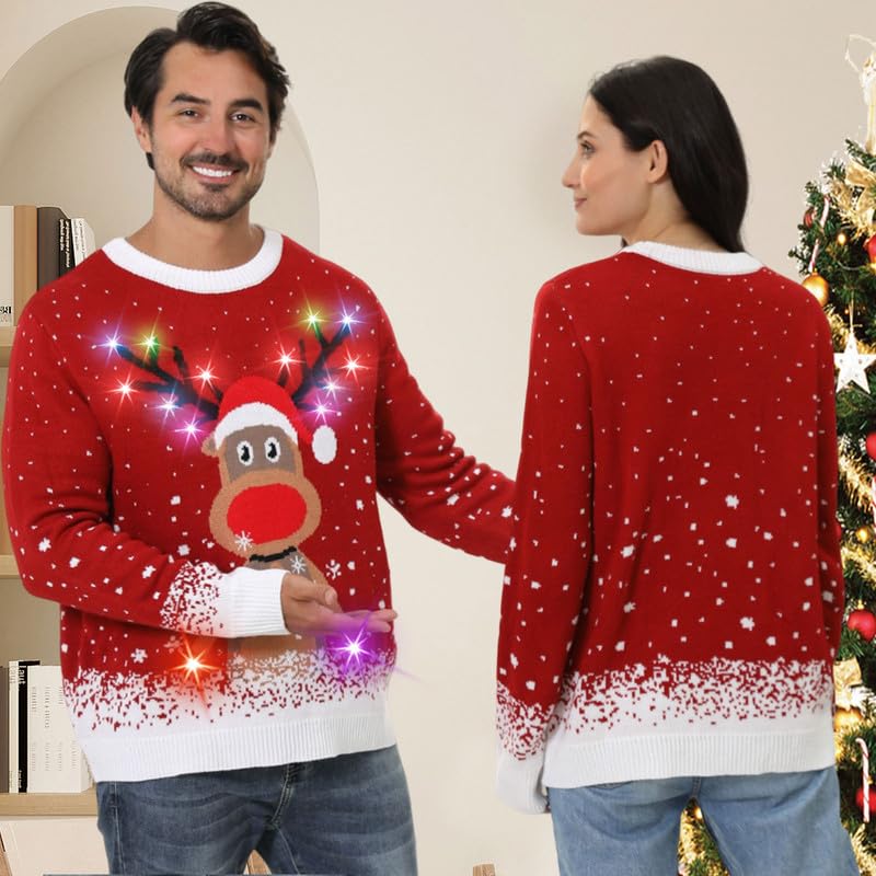 Ugly Christmas Sweaters for Women 2024 Men Light Up Christmas Sweater,Funny Reindeer Unisex Red Xmas Ugly Sweater for Couples