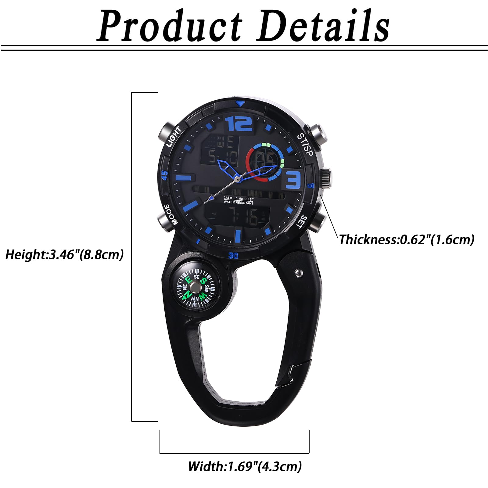 Lancardo Clip on Carabiner Watch: Multi-Function Backpack Watch for Men Women Analog Digital Date LED Alarm Sport Watch Hiking Climbing